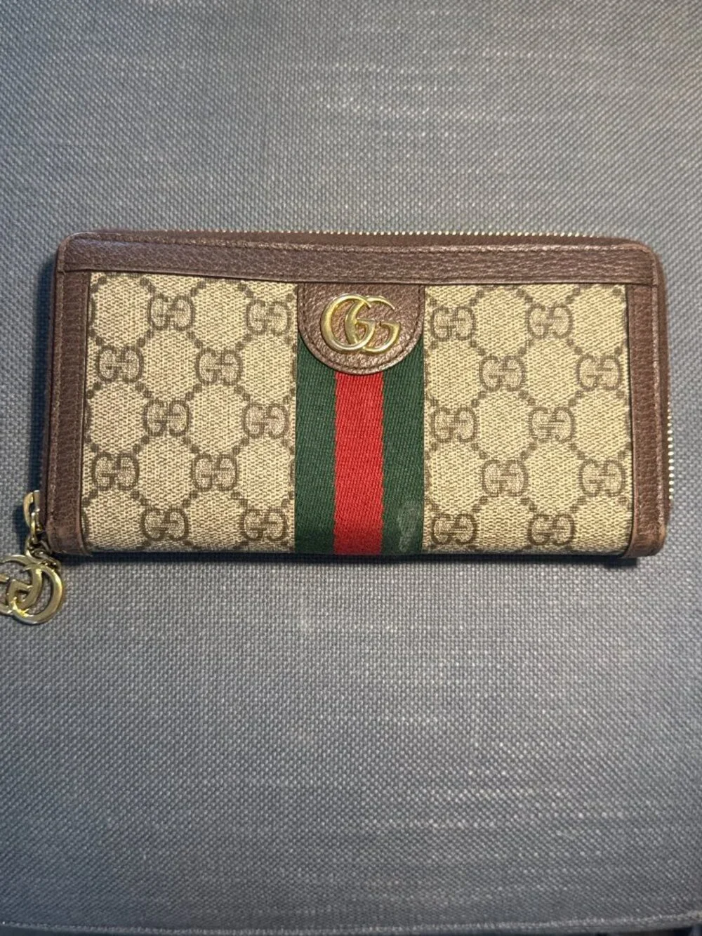 Authentic Gucci Ophelia Wallet Zip Around Web Stripe W Box and Dust Bag
